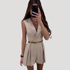 Dam byxdress kort kavajkrage bälte elegant stil