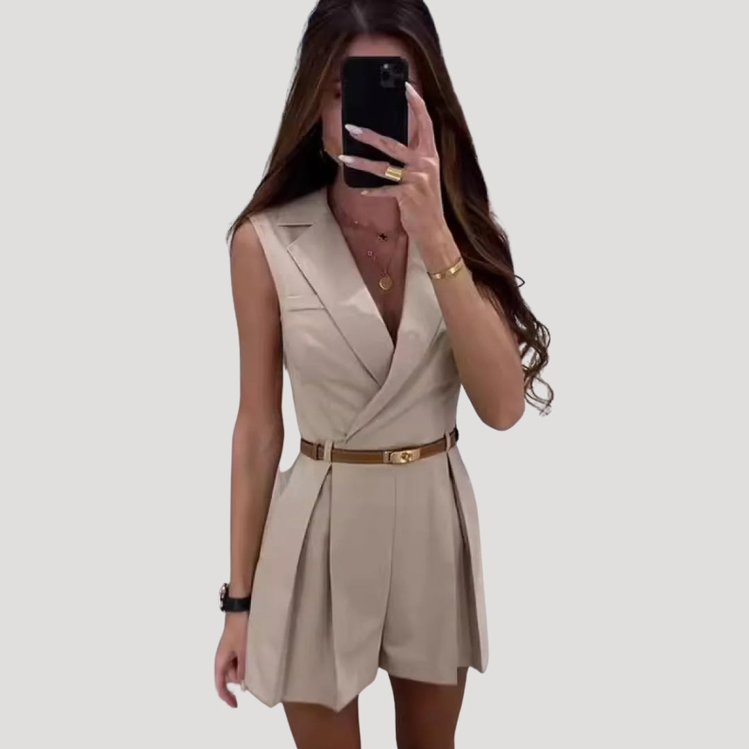 Dam byxdress kort kavajkrage bälte elegant stil