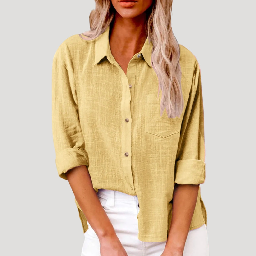 Dam linneskjorta långärmad med ficka avslappnad passform sommar vardag stil
