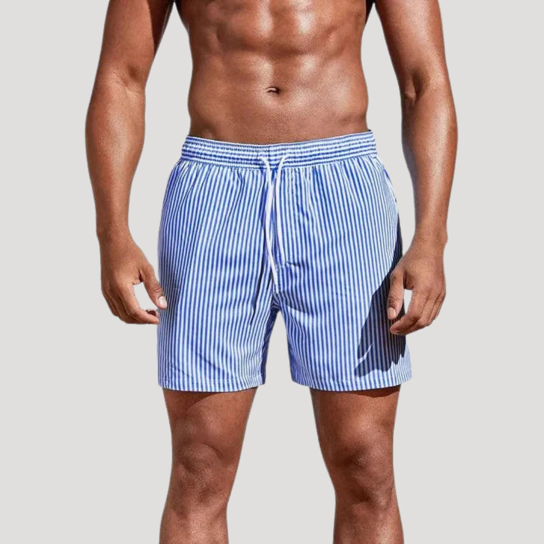 Herr randiga badshorts med dragsko och resårmidja