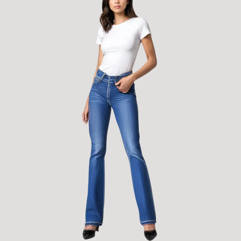 Dam Bootcut Jeans Slim Fit Högmidjade Stretch Denimjeans