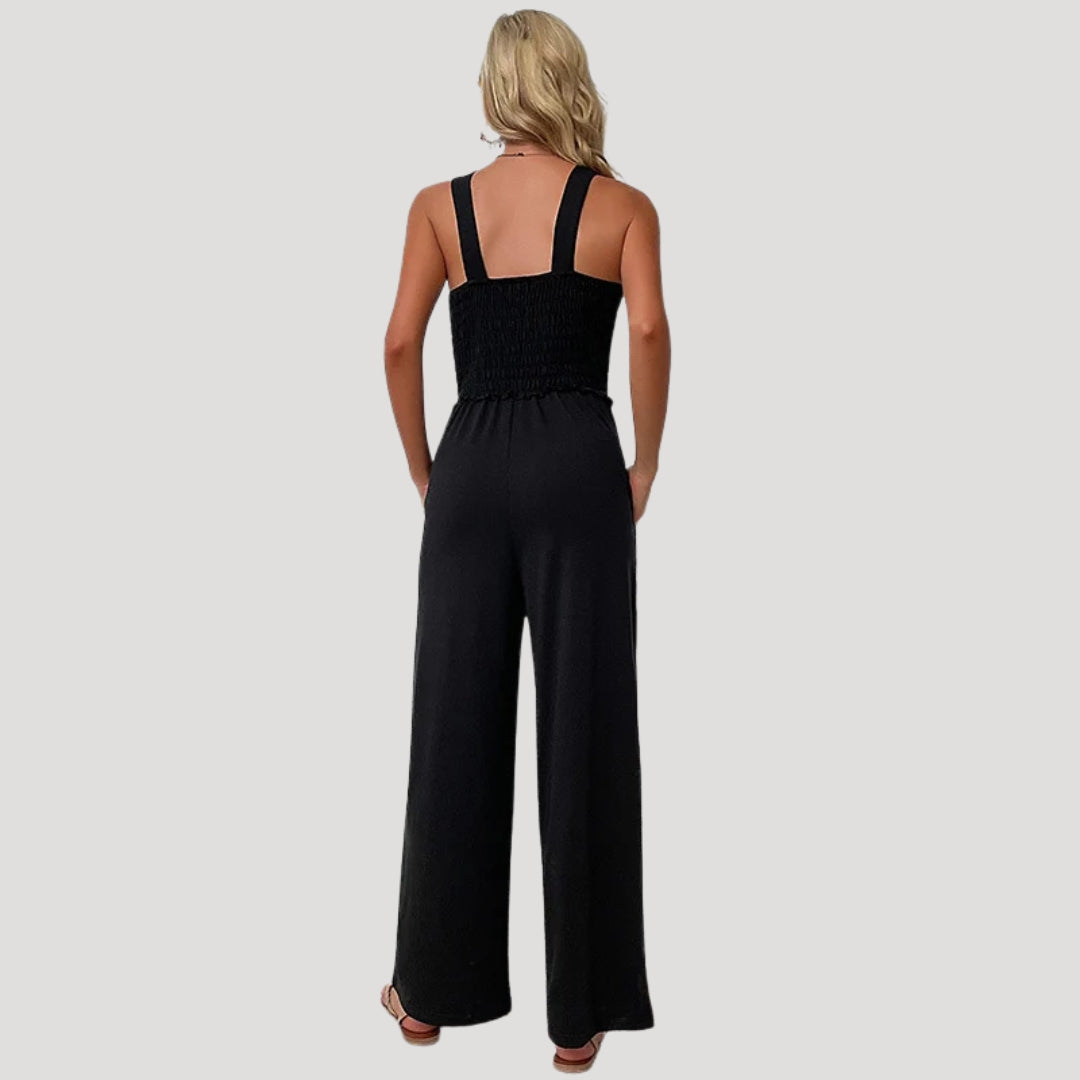 Dam lång jumpsuit med smockad överdel svart