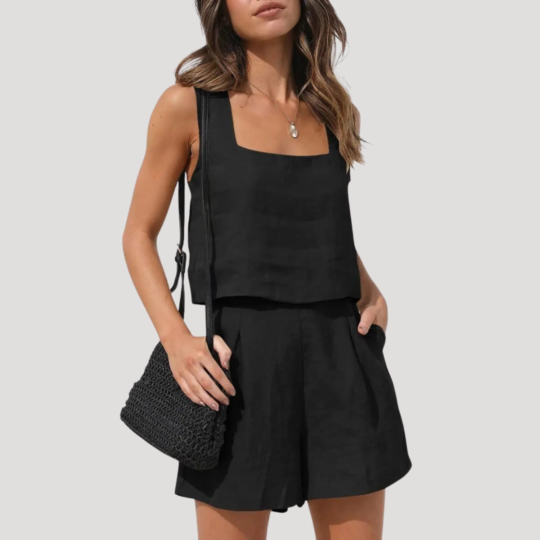 Dam linneset matchande topp och shorts