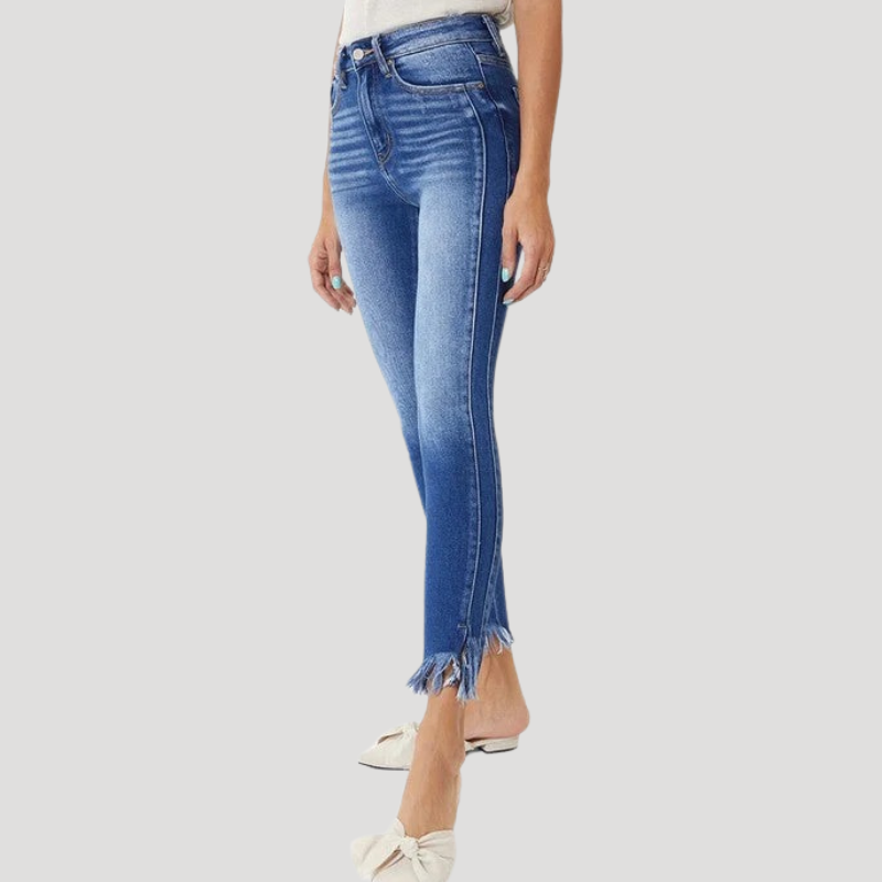 Dam Skinny Jeans Hög Midja Med Fransdetaljer Denim