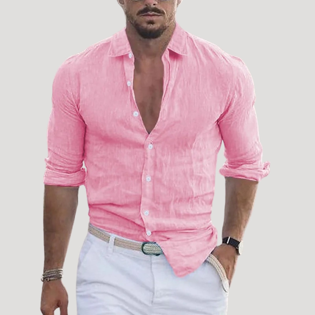 Herr linneskjorta herr lång ärm med knäppning avslappnad passform
