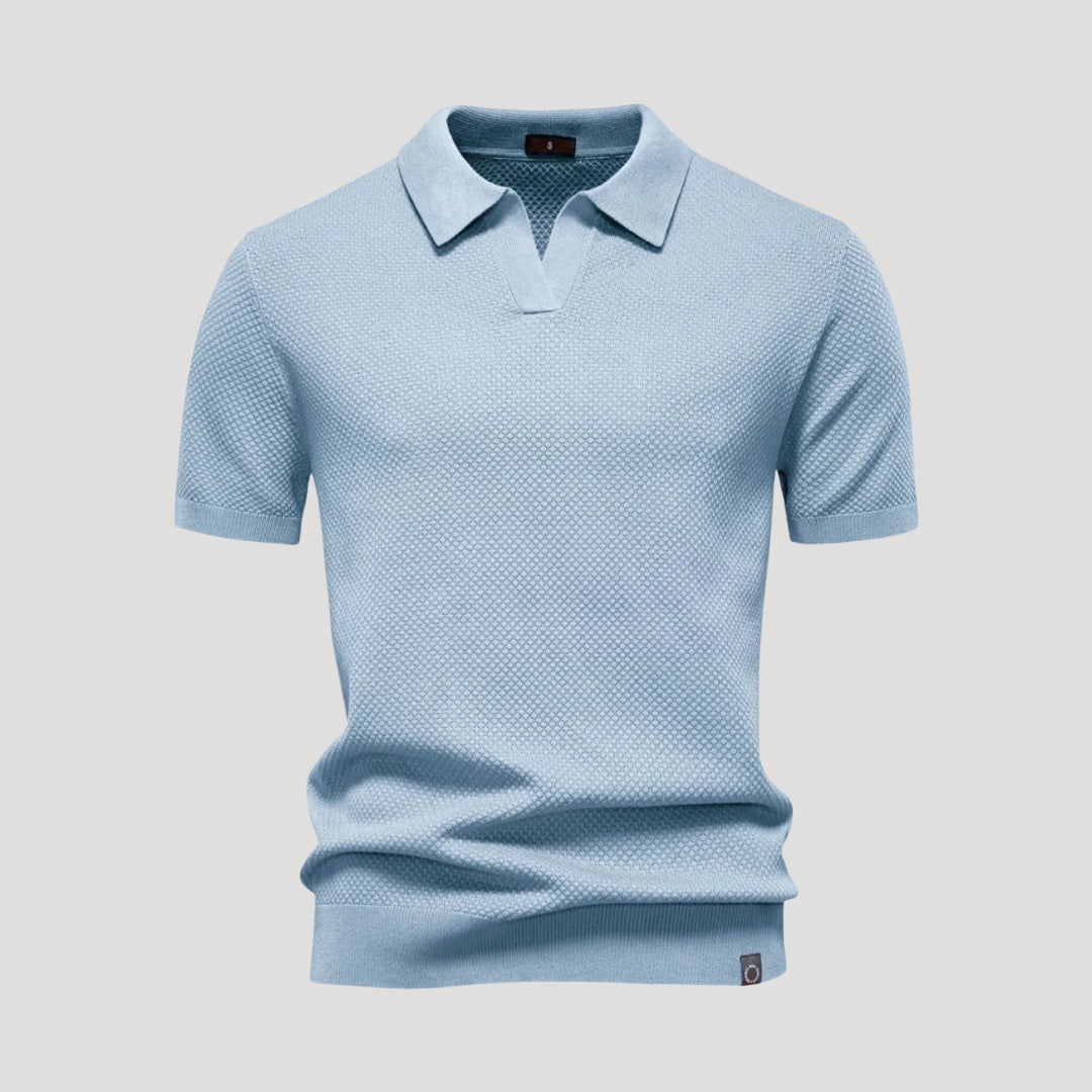 Herr stickad pikétröja henley med krage kort ärm