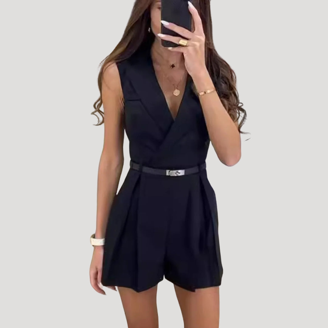 Dam byxdress kort kavajkrage bälte elegant stil