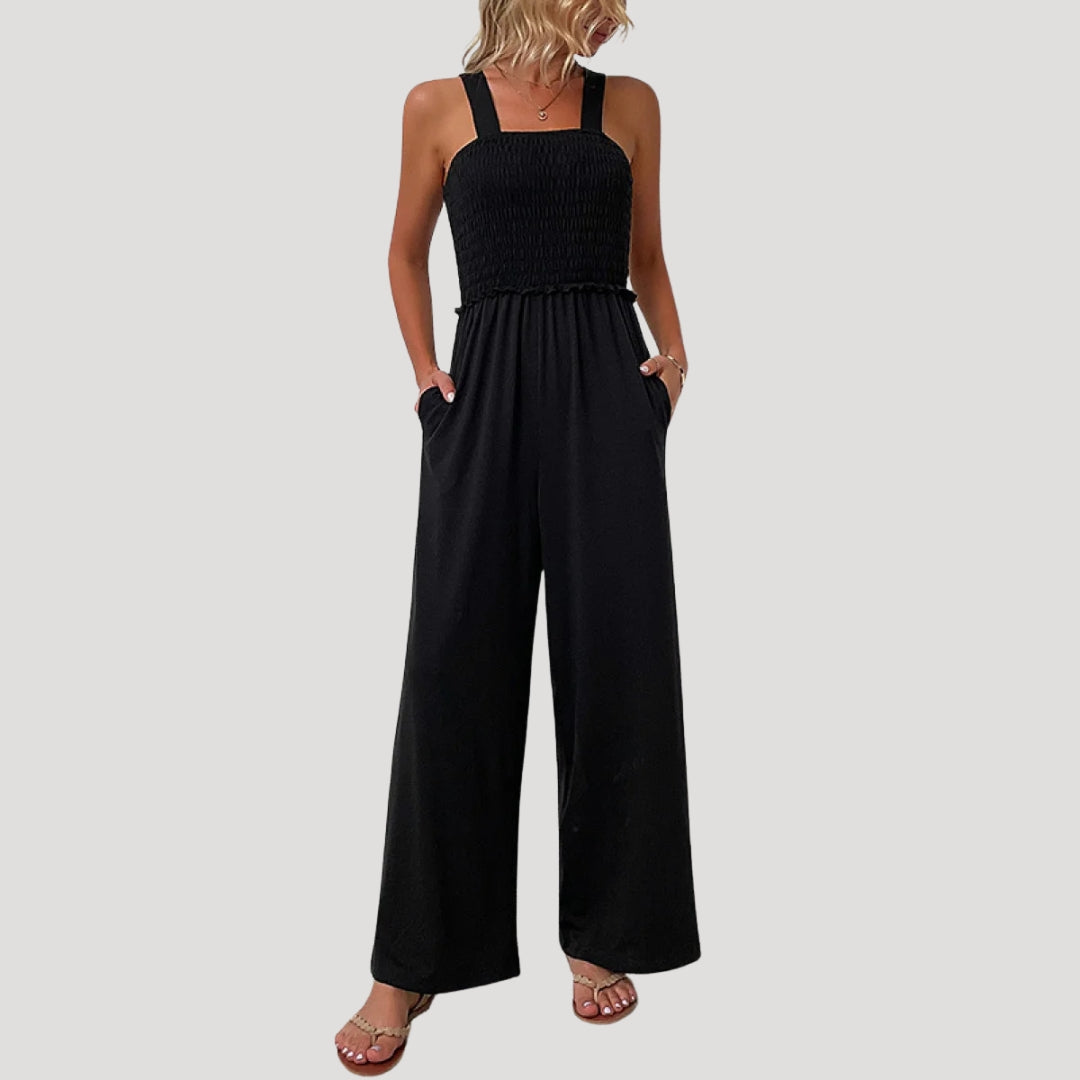 Dam lång jumpsuit med smockad överdel svart