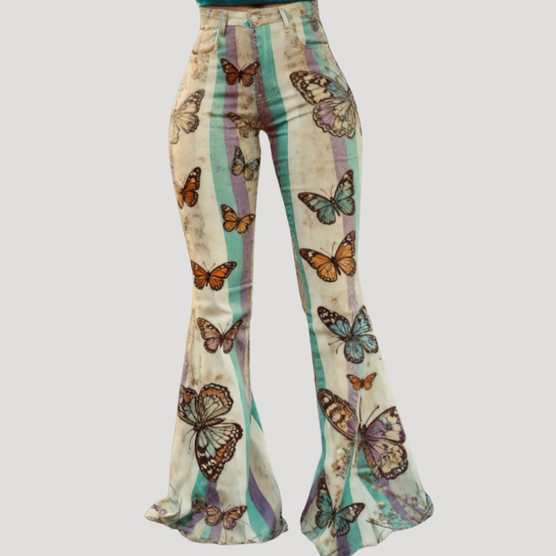 Dam Mönstrade Flare Jeans Högmidjade Stretch Vida Byxor