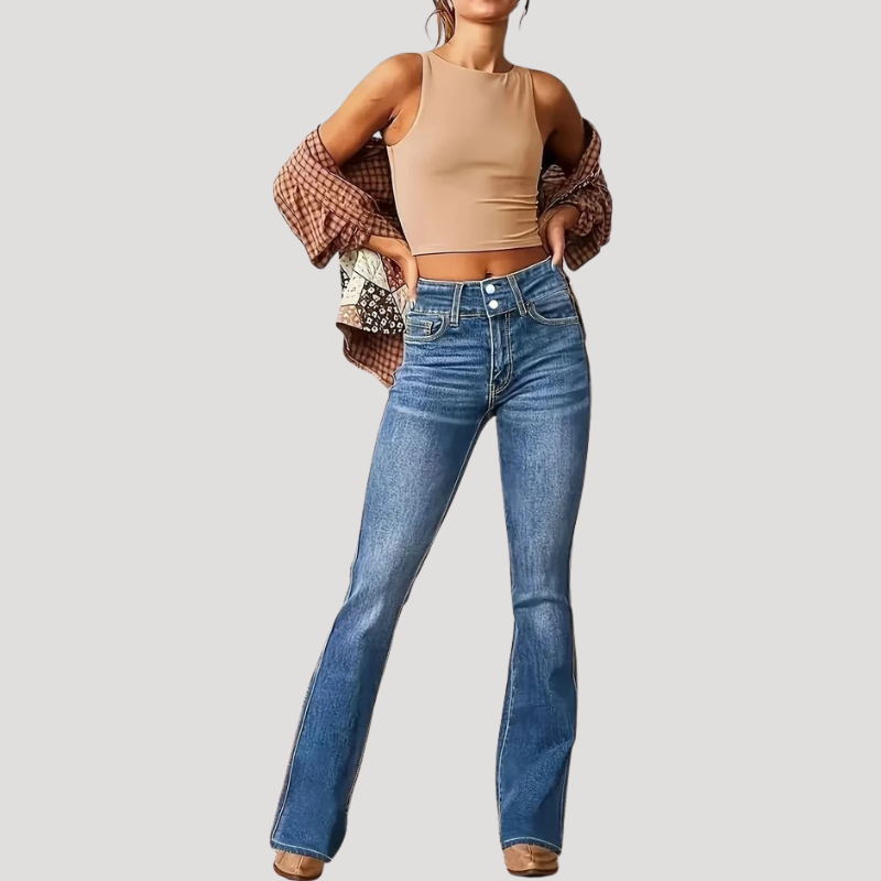 Dam Utsvängda Jeans Hög Midja Bootcut Passform Denim Blå