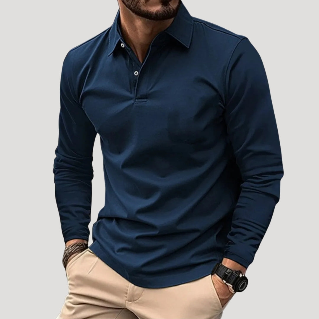 Herr pikétröja långärmad med knappslå krage avslappnad passform vardag stil