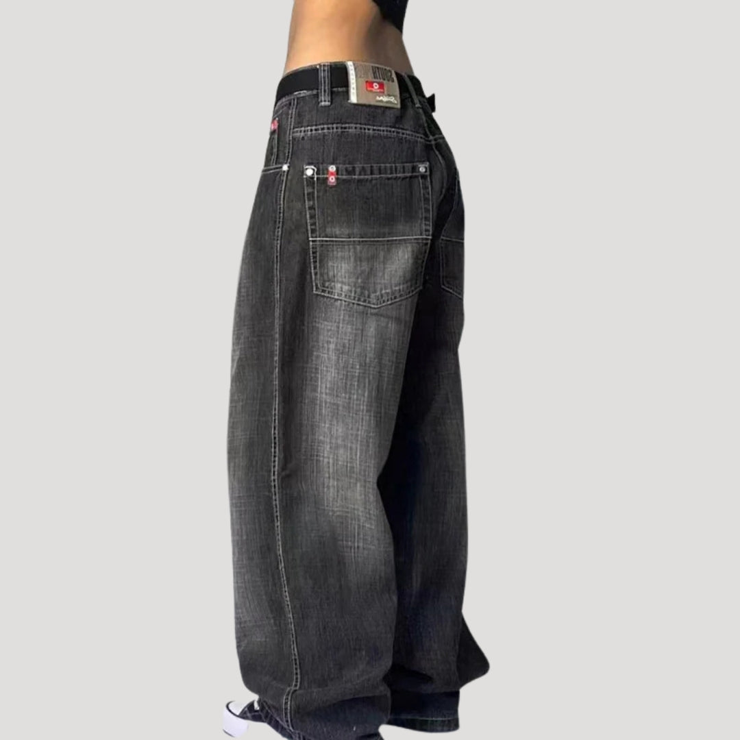 Dam mörkgrå baggy jeans med vida ben och lös passform