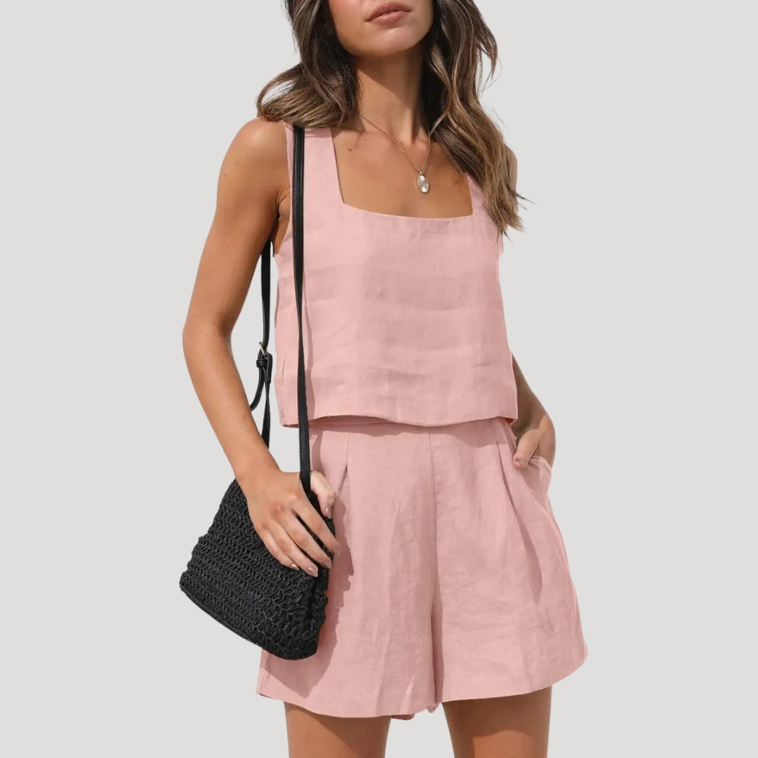 Dam linneset matchande topp och shorts