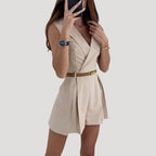 Dam byxdress kort kavajkrage bälte elegant stil