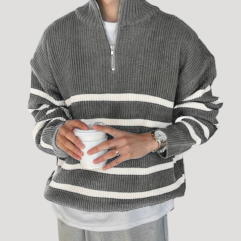 Herrtröja Stickad Half Zip Randig Långärmad Vardagströja Casual