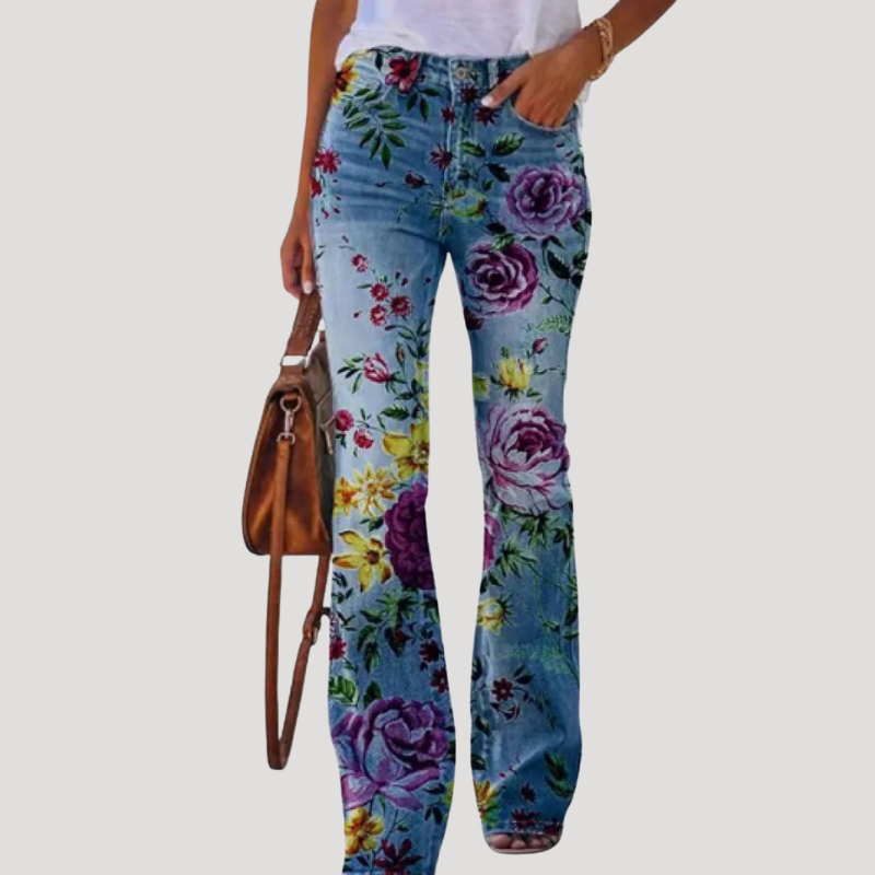 Dam Bootcutjeans Högmidjade Stretch Denim Med Blommönster