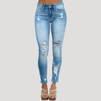 Dam Skinny Jeans Hög Midja Slitna Detaljer Ljusblå