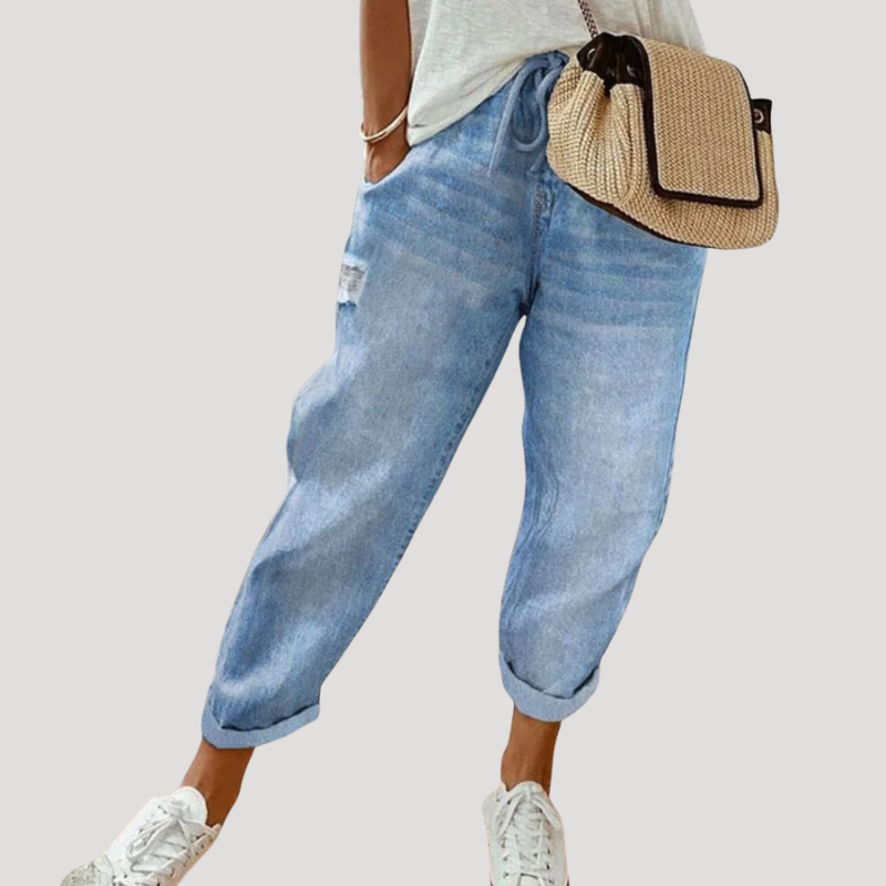 Dam Boyfriend Jeans Högmidjade Med Dragsko Ljusblå Denim