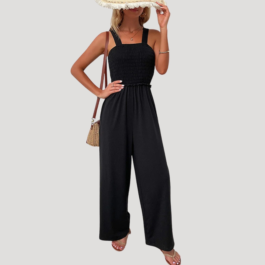 Dam lång jumpsuit med smockad överdel svart