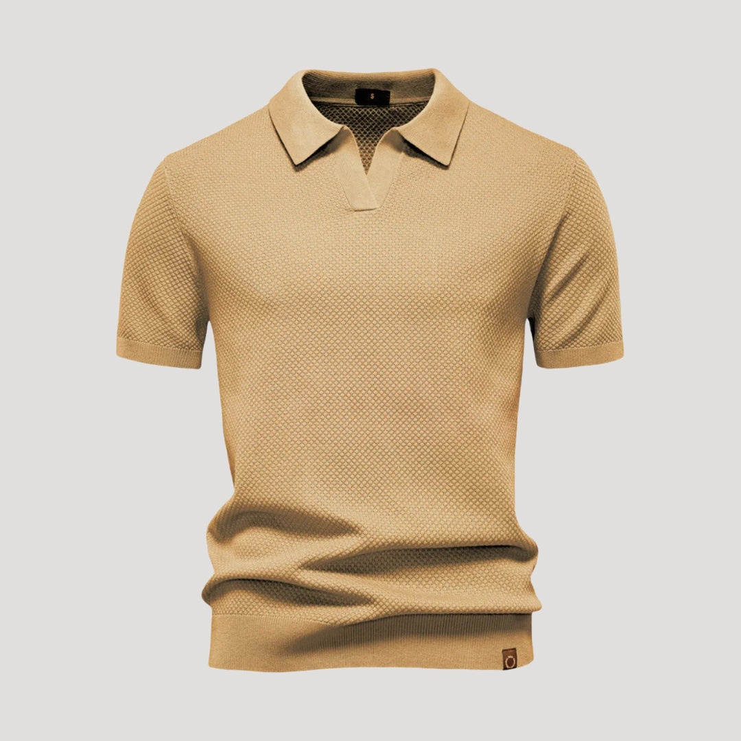 Herr stickad pikétröja henley med krage kort ärm