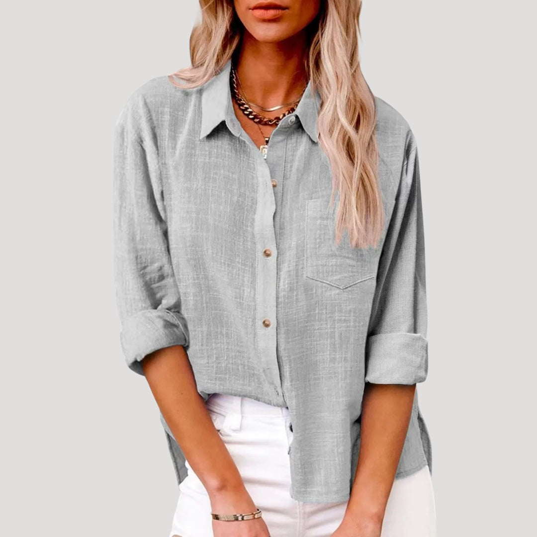 Dam linneskjorta långärmad med ficka avslappnad passform sommar vardag stil
