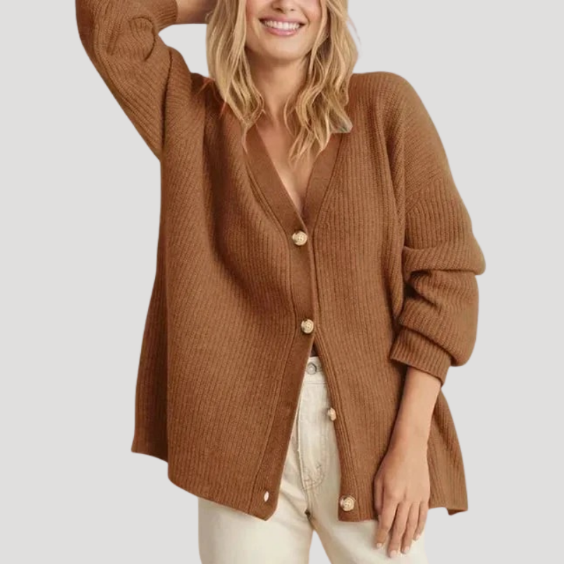 Damkofta Stickad Knap Oversized V Ringad Långärmad