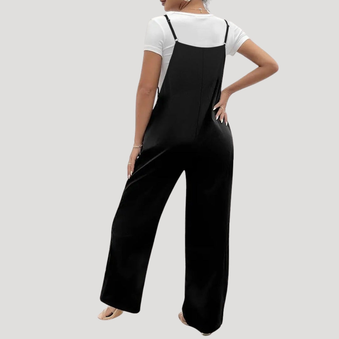 Dam svart jumpsuit lång byxdress med axelband