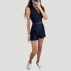 Dam byxdress kort kavajkrage bälte elegant stil