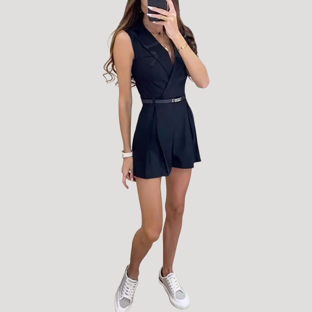 Dam byxdress kort kavajkrage bälte elegant stil