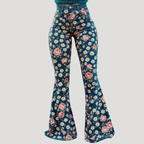 Dam Mönstrade Flare Jeans Högmidjade Stretch Vida Byxor