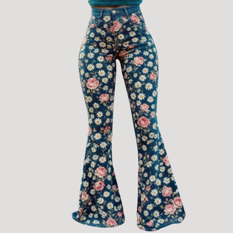 Dam Mönstrade Flare Jeans Högmidjade Stretch Vida Byxor
