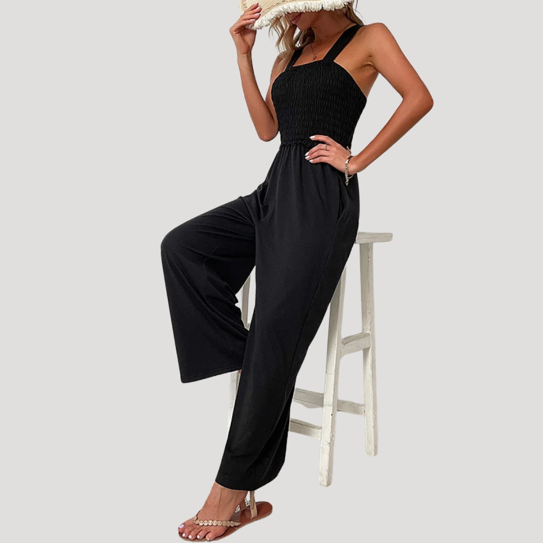 Dam lång jumpsuit med smockad överdel svart