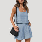 Dam linneset matchande topp och shorts