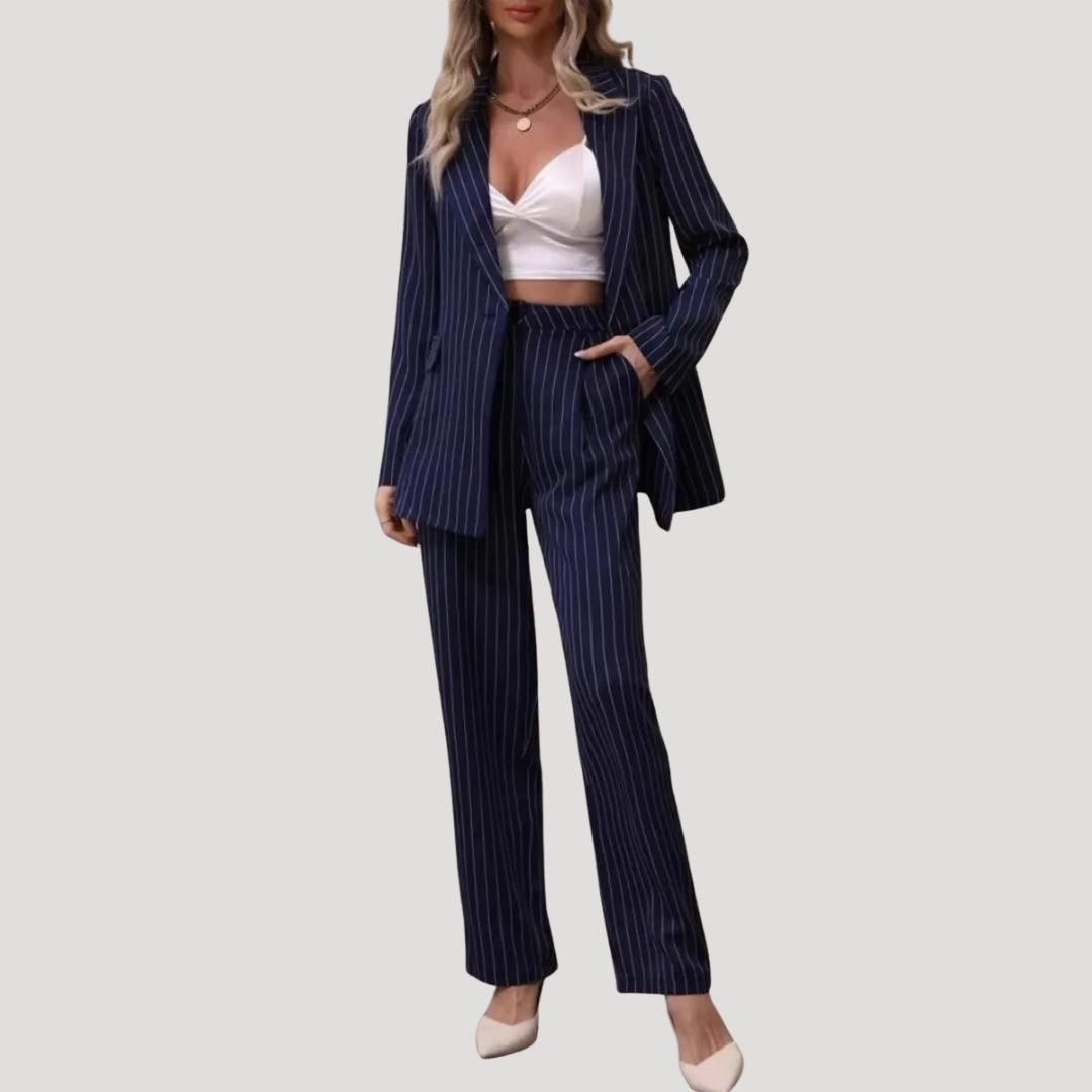 Dam kostym set med randig kavaj och byxor elegant