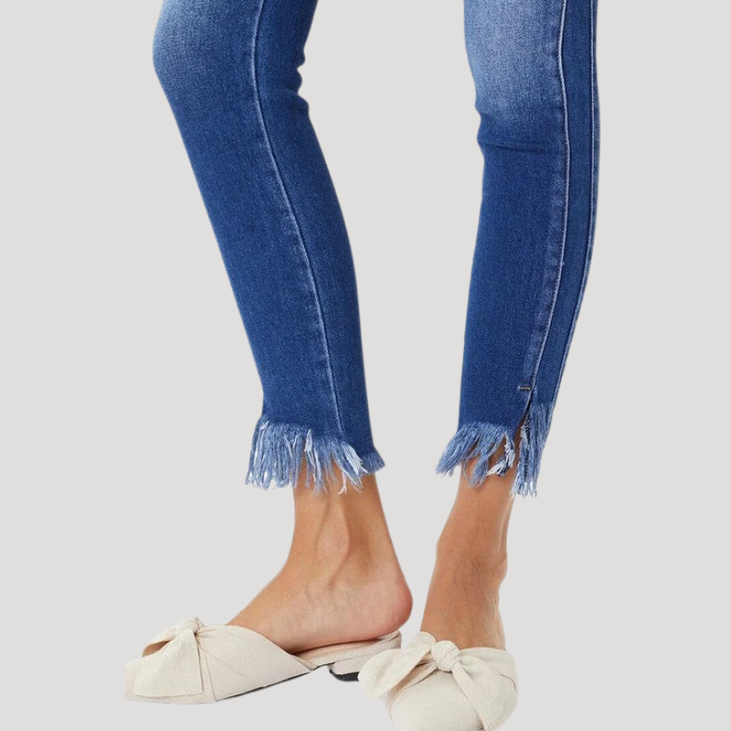 Dam Skinny Jeans Hög Midja Med Fransdetaljer Denim