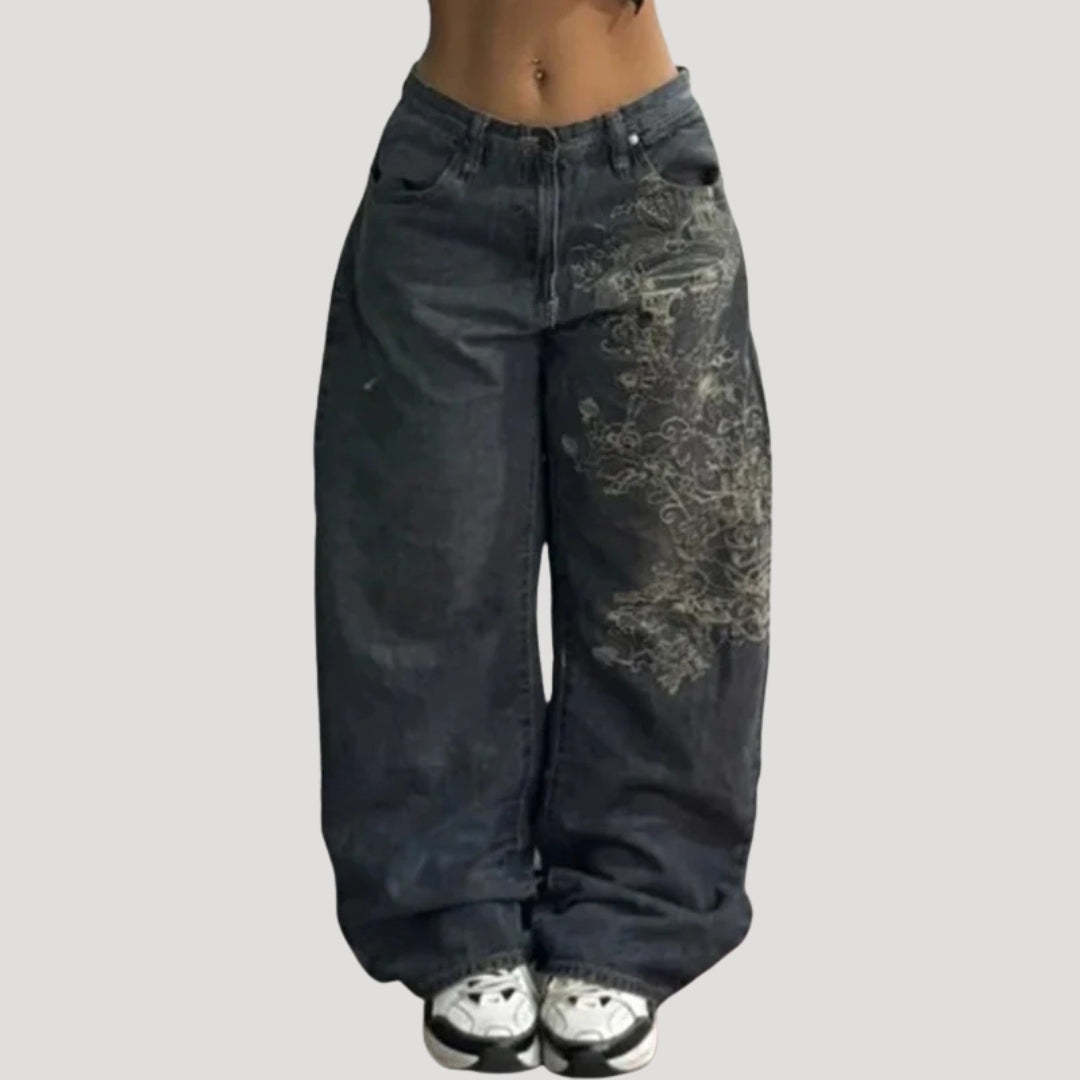 Dam svarta baggy jeans med tryck och vida ben