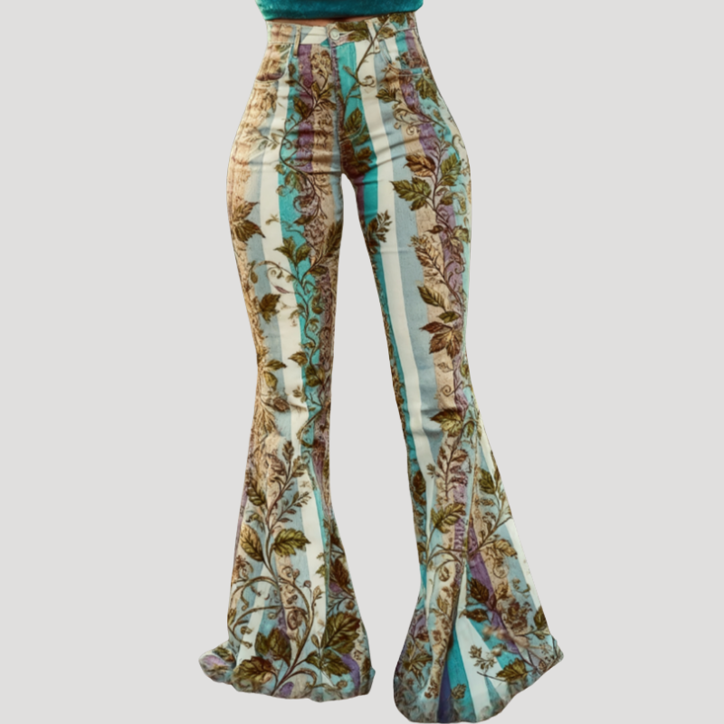 Dam Mönstrade Flare Jeans Högmidjade Stretch Vida Byxor