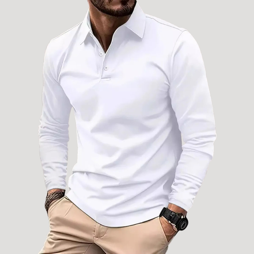 Herr pikétröja långärmad med knappslå krage avslappnad passform vardag stil