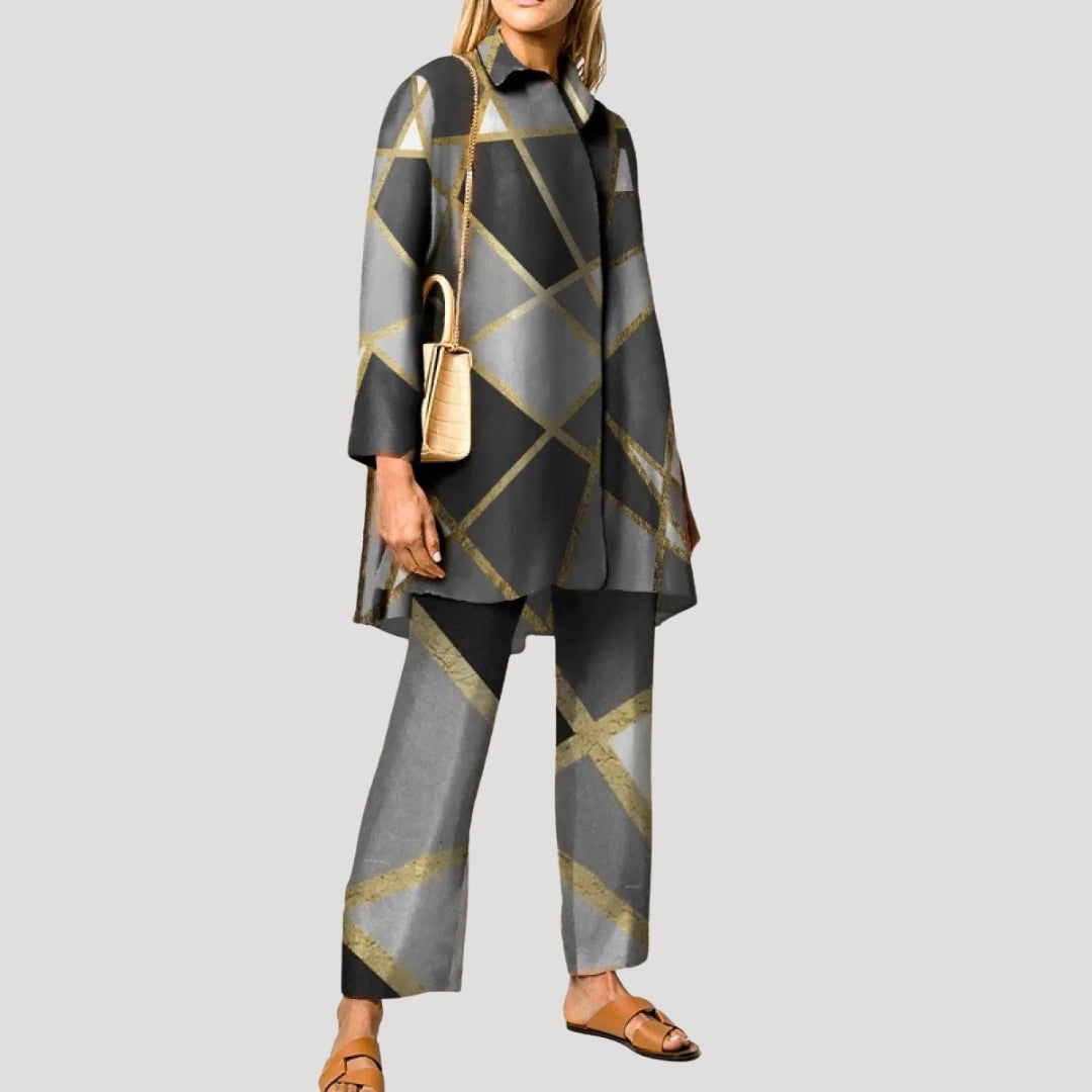 Dam matchande set sommar mönstrad skjorta och raka byxor