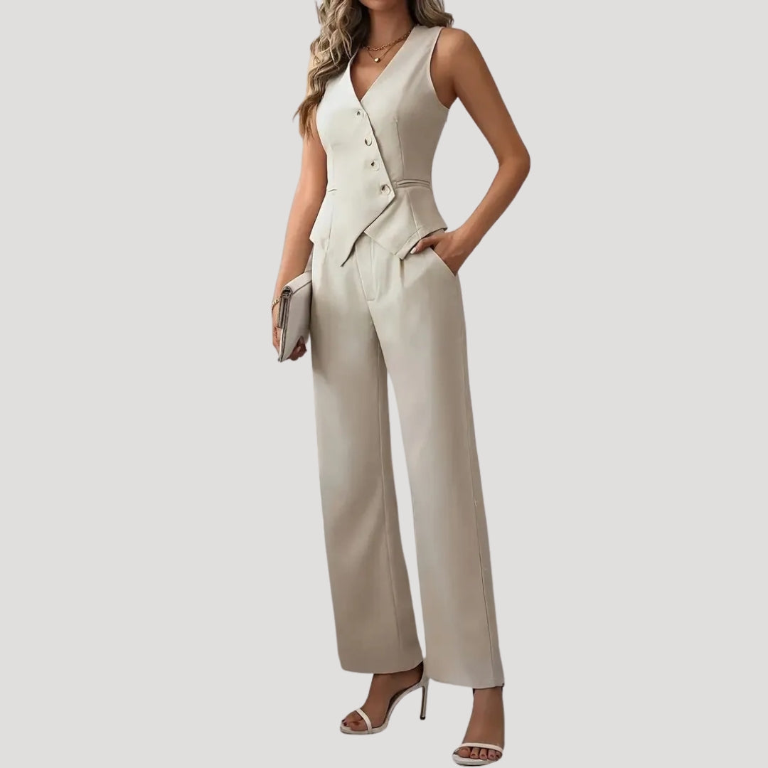 Dam kostymset tvådelat med väst och vida byxor