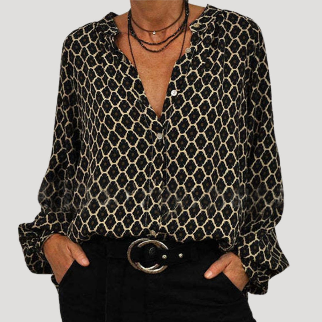 Dam mönstrad långärmad blus med knappar v ringad