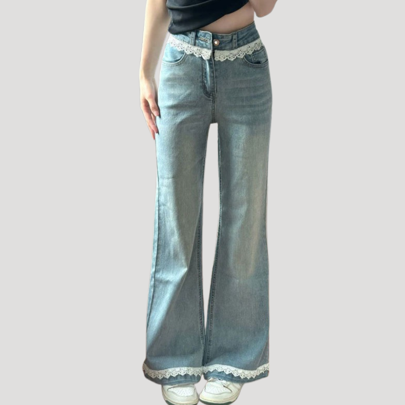 Dam Utsvängda Jeans Dam Högmidjade Denim Med Spetsdetaljer