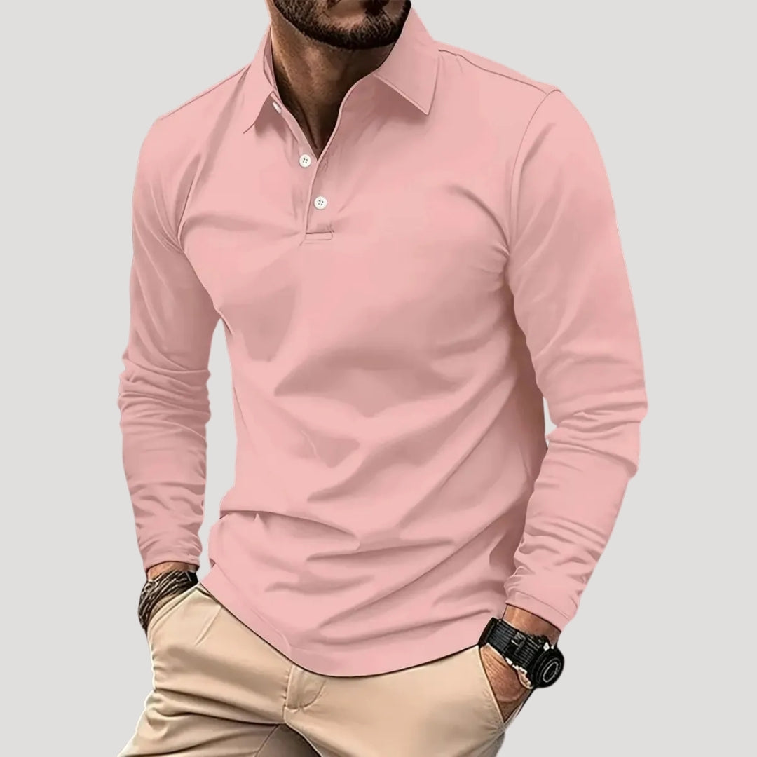 Herr pikétröja långärmad med knappslå krage avslappnad passform vardag stil