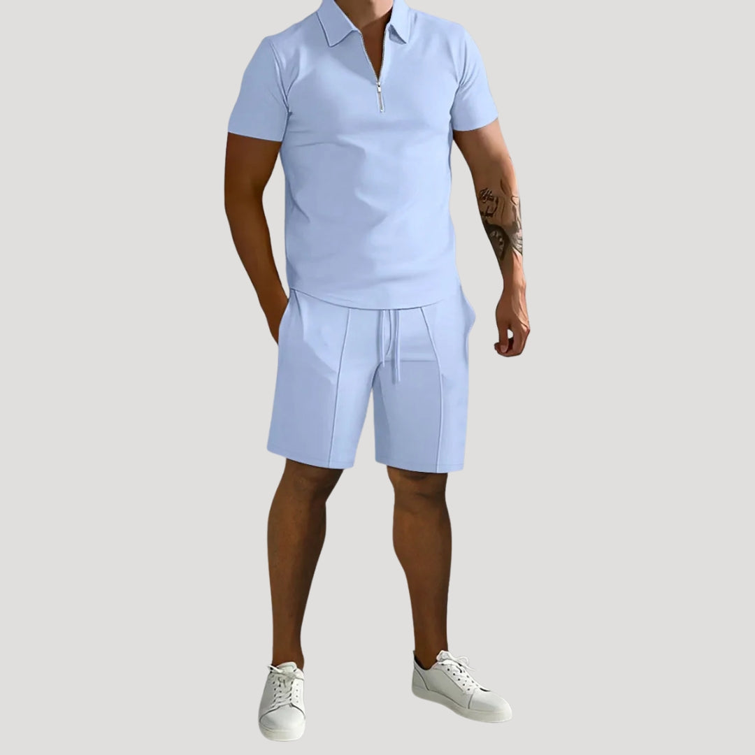 Herr matchande set pikétröja med dragkedja och shorts