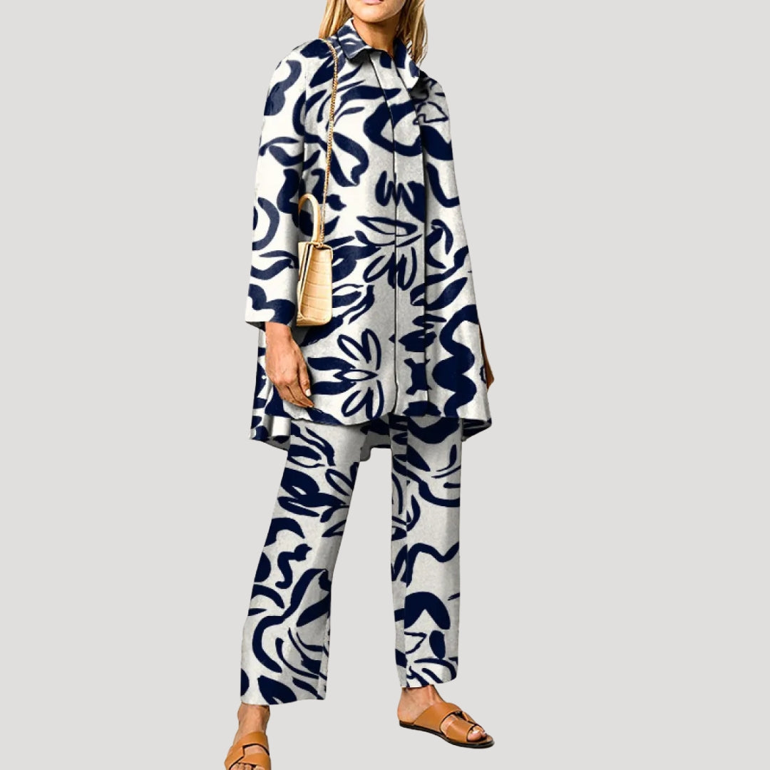 Dam matchande set sommar mönstrad skjorta och raka byxor