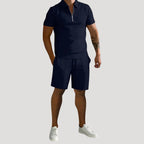 Herr matchande set pikétröja med dragkedja och shorts