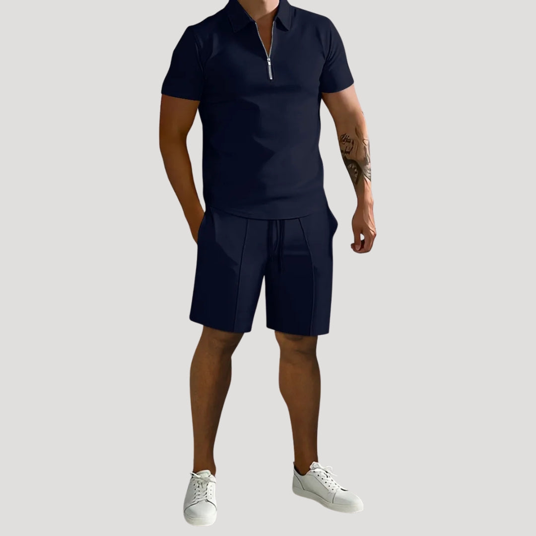 Herr matchande set pikétröja med dragkedja och shorts
