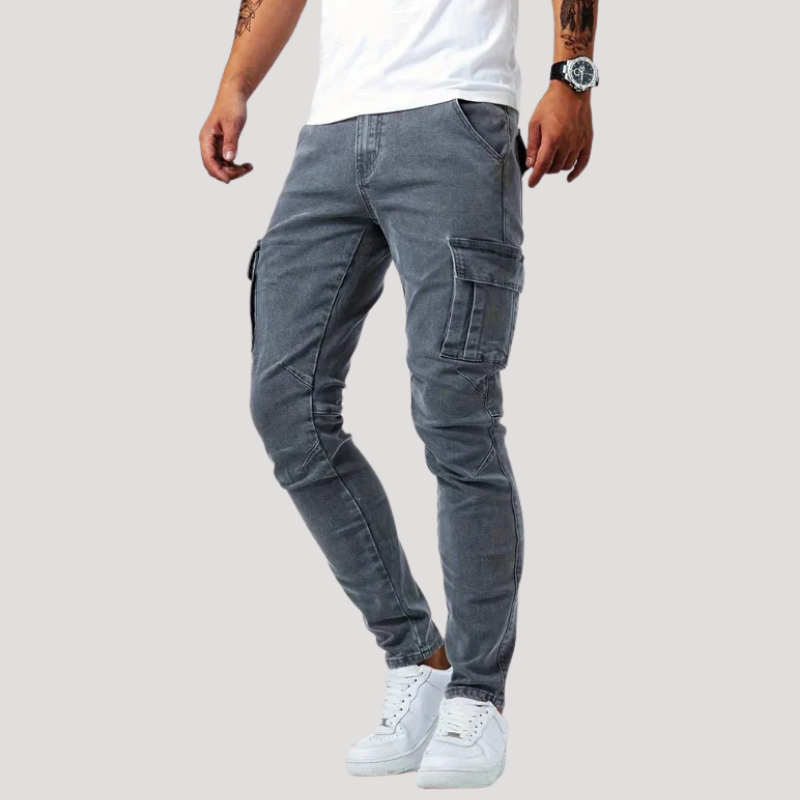Herr Skinny Jeans Cargo Slim Fit Denimbyxor Med Fickor