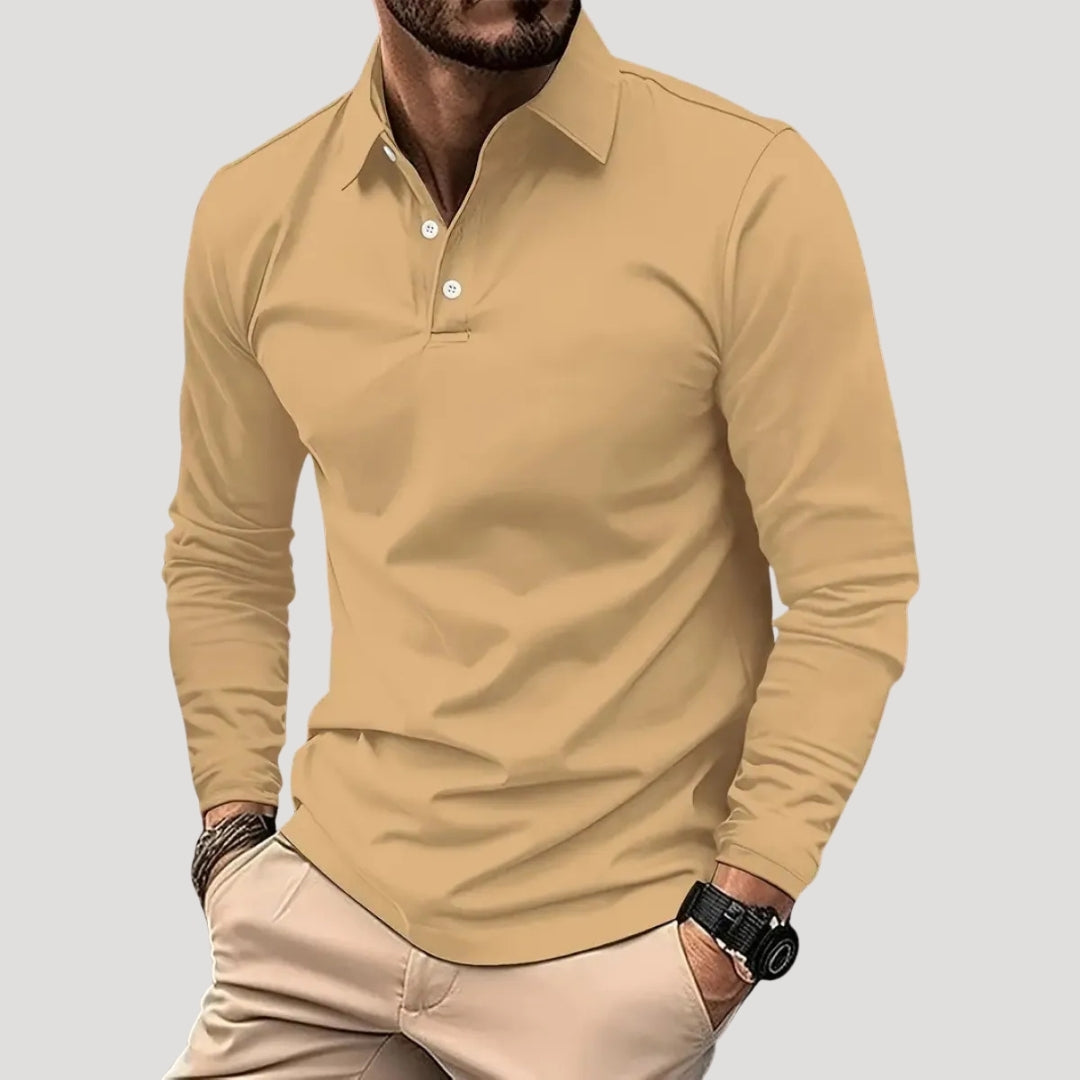 Herr pikétröja långärmad med knappslå krage avslappnad passform vardag stil