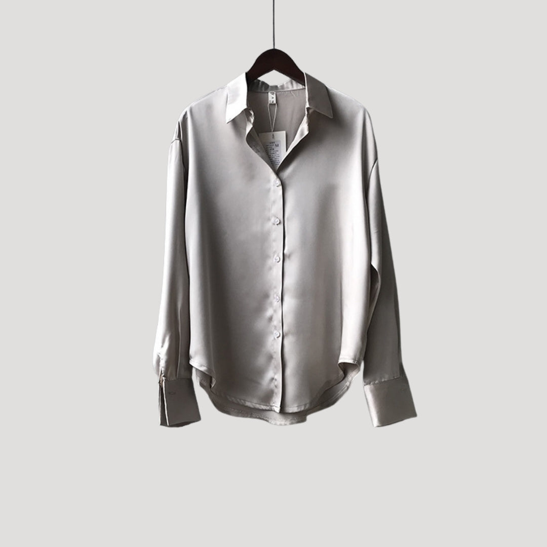 Dam sidenblus i satin långärmad skjortmodell